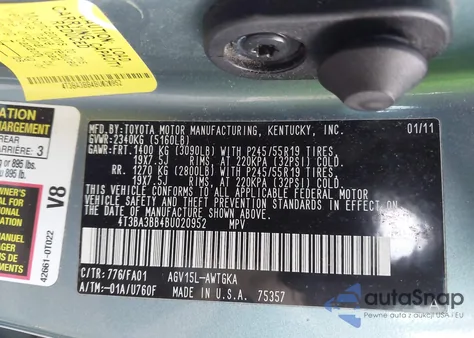 2011 Toyota Venza z USA, uszkodzony, nr VIN 4T3BA3BB4BU020952